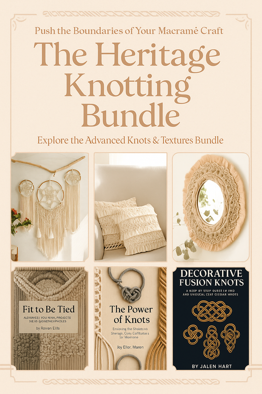 advanced macramé, complex knotting techniques, sculptural macramé, multi-strand weaving, fusion knots, macramé wall art, expert macramé designs, decorative knot patterns, fiber art textures, artistic knotwork, high-skill macramé, off-loom weaving, bold macramé projects, advanced DIY decor, intricate fiber art, knotwork tutorials, creative wall hangings, PDF macramé bundle, designer macramé patterns, macramé for pros