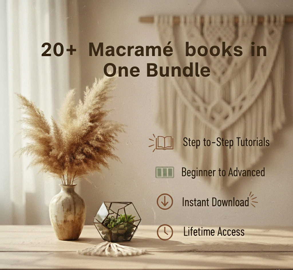 macrame, macrame patterns, macrame bundle, macrame ebooks, diy crafts, digital downloads, boho decor, wall hanging, plant hanger, craft bundle, handmade home, creative patterns, instant download, threadbloom, beginner friendly, lifetime access