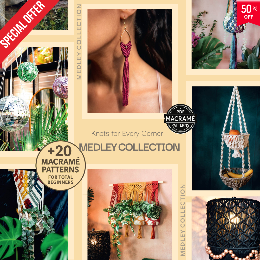 macrame patterns, beginner macrame guide, DIY macrame projects, boho home decor, handmade wall art, plant hanger patterns, jewelry macrame tutorial, lampshade macrame, fiber art designs, instant download PDF