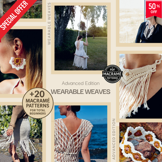 macrame patterns, wearable macrame, macrame jewelry, macrame necklace, macrame earrings, macrame top, macrame skirt, boho macrame, boho fashion, boho jewelry, DIY macrame, macrame tutorial, macrame guide, step by step macrame, macrame ebook, pdf macrame patterns, handmade fashion, diy jewelry making, fiber art, knotting patterns, advanced macrame, beginner macrame patterns, craft patterns, diy accessories, wearable weaves